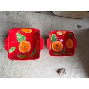 Temptations Set of 2 Square Baking Dishes Poppy Passion Red Ovenware